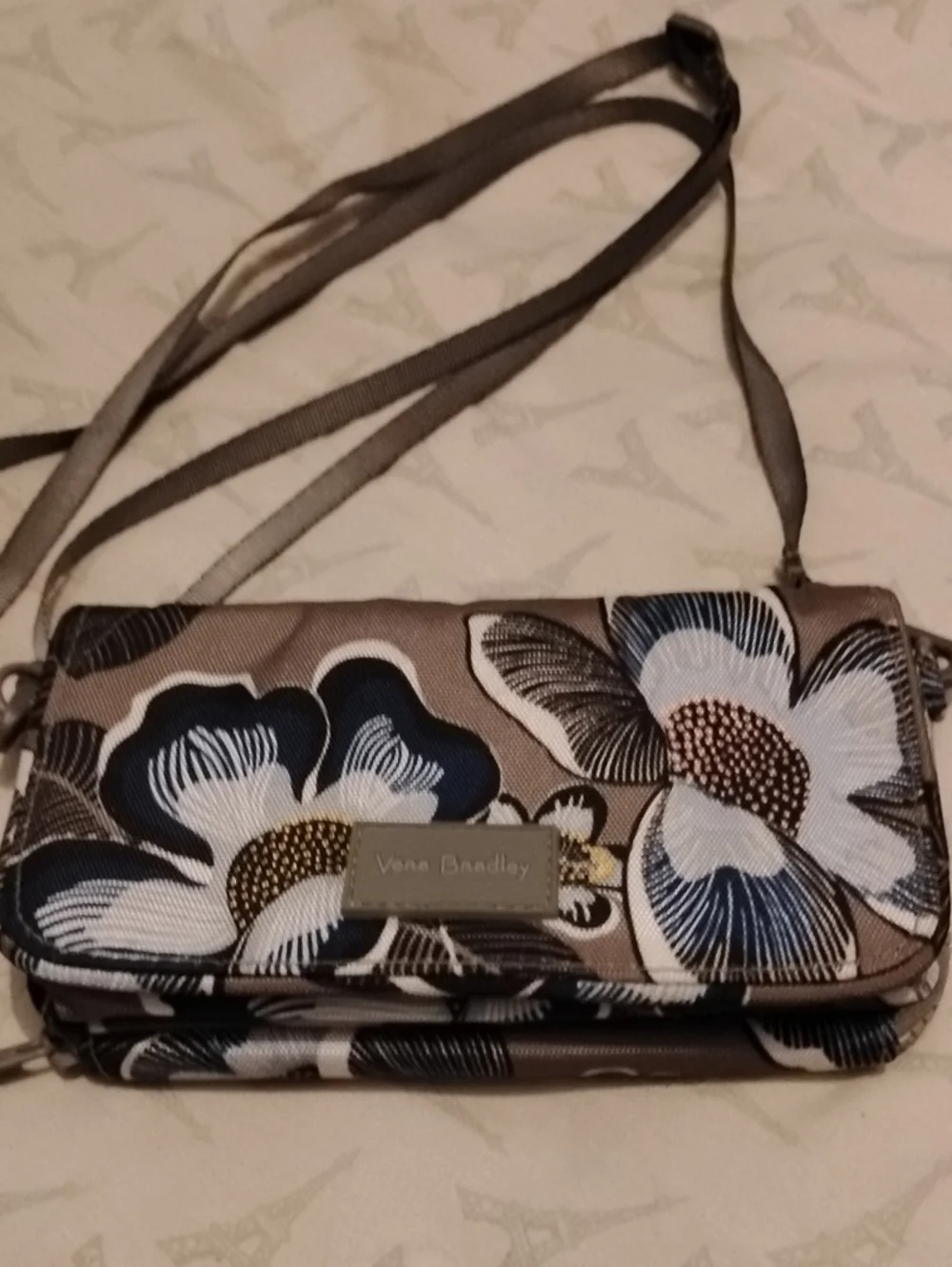 Vera Bradley Floral Crossbody Clutch Wallet Taupe White Blue Canvas Adj. Strap
